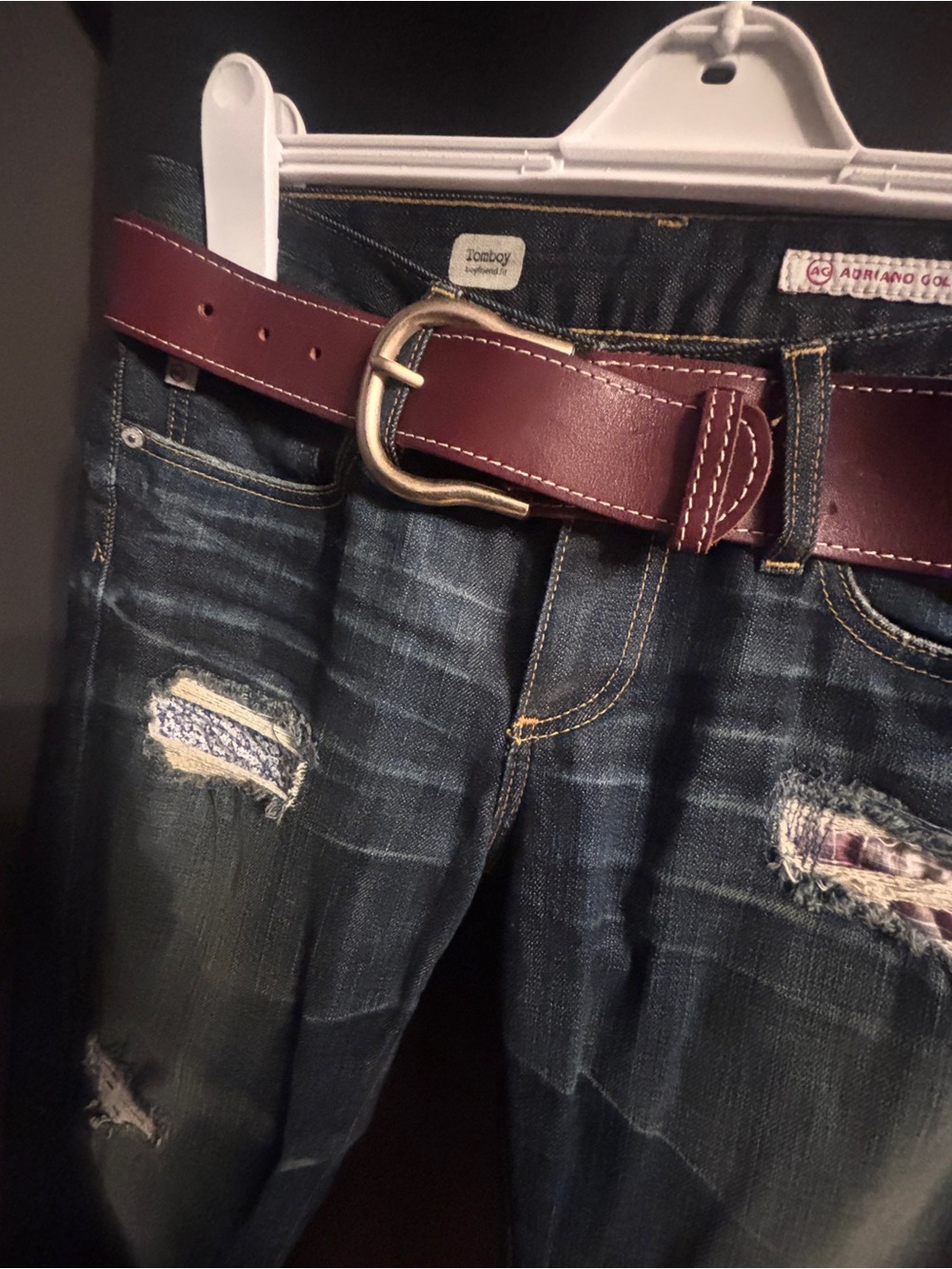 Ag Adriano Goldschmied Dark Blue Distressed Boyfriend Jeans with Burgundy Belt